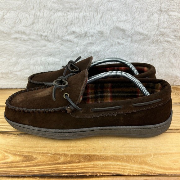 Nunn Bush Mens Size 10 Slippers Eddie Mocassin Brown Leather Faux Fur Plaid - Picture 7 of 14